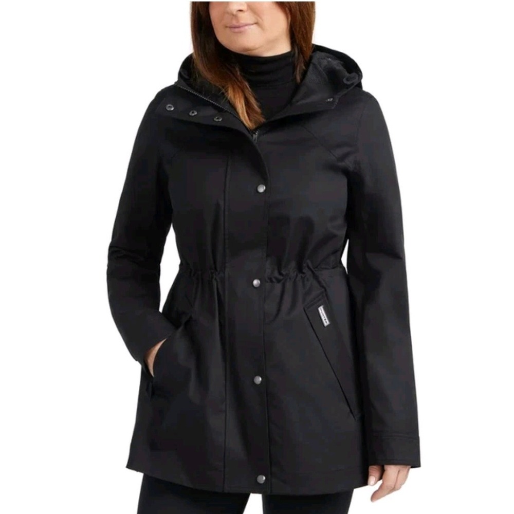 Hunter Women's Water Resistant Cotton Smock Jacket Black Hooded Rain Coat XL NWT